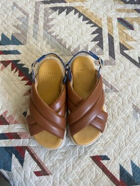 Women’s Tan Crisscross Leather Sandals with Blue Accent Strap